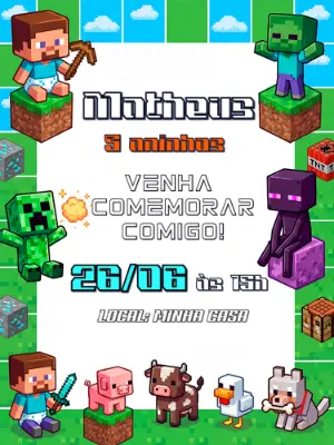 Convite de Aniversário Minecraft Pixelado para Editar