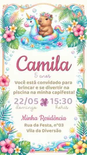 Convite Aniversário Capivara Pool Party Tropical Editável