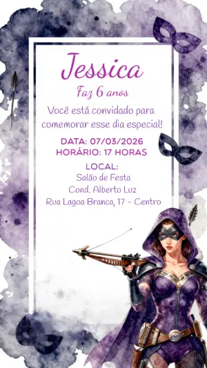 Convite de Aniversário Heroína Arqueira Roxo Modelo Editável