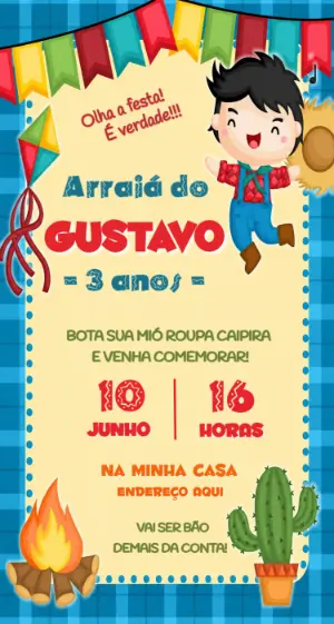 Convite Digital Festa Junina Infantil Menino Editável