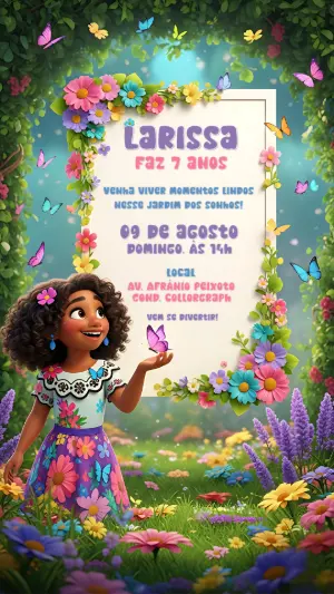Convite Aniversário Jardim Encantado com Menina para Editar Online