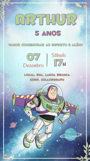 Convite Digital Aniversário Buzz Lightyear no Espaço para Editar