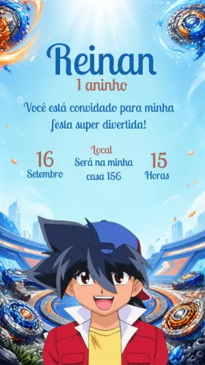 Convite Aniversário Beyblade: Modelo Editável para Festa Infantil