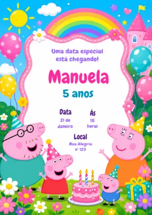Convite de Aniversário Peppa Pig e Família para Editar Online