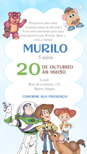 Convite de Aniversário Toy Story Ilustrado para Editar