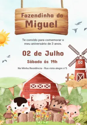 Convite Aniversário Fazendinha com Animais para Editar Online