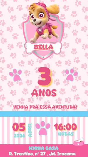 Convite de Aniversário Patrulha Canina Skye Rosa para Editar