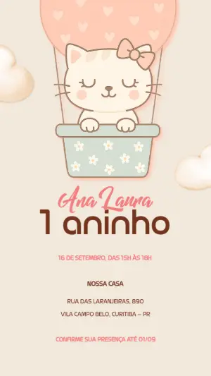 Convite de Aniversário Gatinha no Balão para Editar Online