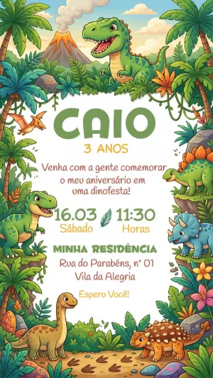 Invitación de cumpleaños Dinosaurio – Estático – Festôu Convites