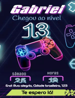 Convite Aniversário Gamer Neon com Controle para Editar Online
