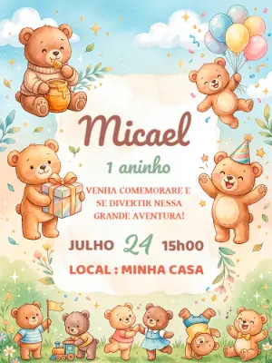 Convite de Aniversário Ursinhos Fofos Aquarela para Editar