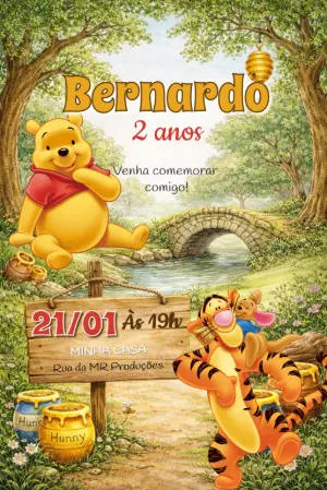 Convite de Aniversário Ursinho Pooh Infantil para Editar