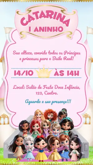 Convite Digital Aniversário Princesas Cute para Editar