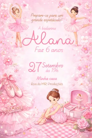 Convite de Aniversário Bailarina Rosa Delicado para Editar