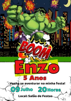 Convite de Aniversário Hulk Editável para Imprimir