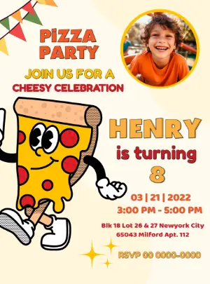 Editable Pizza Party Birthday Invitation with Retro Cartoon Style