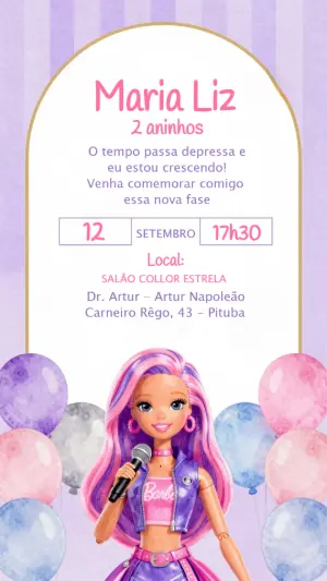 Convite Animado Barbie Popstar Aniversário Infantil para Editar