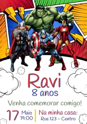 Convite de Aniversário Super-Heróis Vingadores Editável