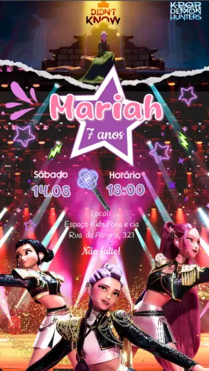 Convite Animado de Aniversário Guerreiras do K-Pop Editável