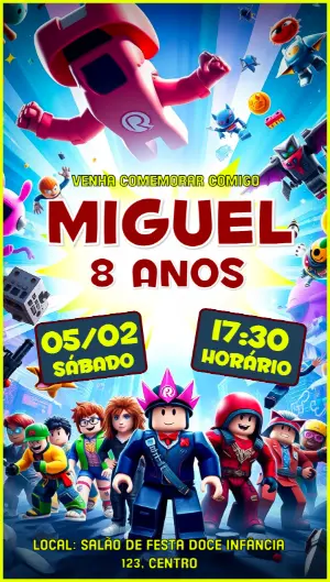 Convite de Aniversário Roblox com Personagens para Editar Online