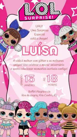Convite de Aniversário LOL Surprise Rosa com Glitter para Editar
