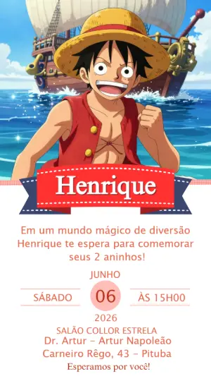 Convite de Aniversário One Piece Luffy para Editar