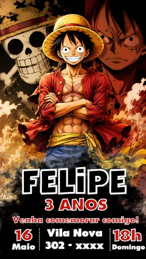 Convite de Aniversário One Piece com Luffy para Editar