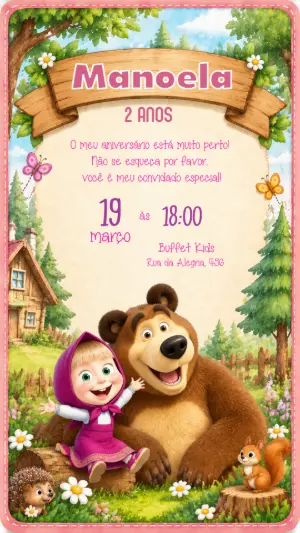 Convite de Aniversário Masha e o Urso Editável