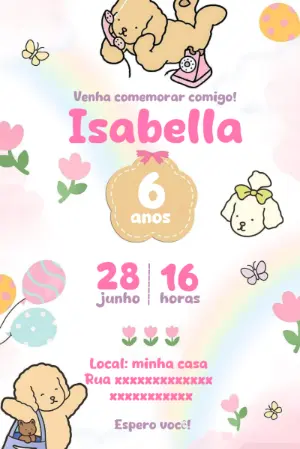 Convite Aniversário Cachorrinhos Fofos para Editar Online