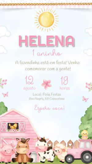 Convite de Aniversário Fazendinha Rosa Fofo para Editar