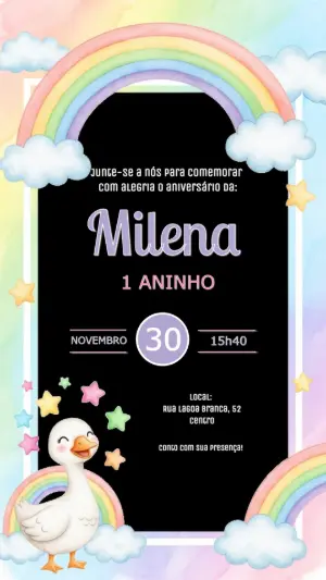 Convite Aniversário Ganso Fofo com Arco-Íris para Editar
