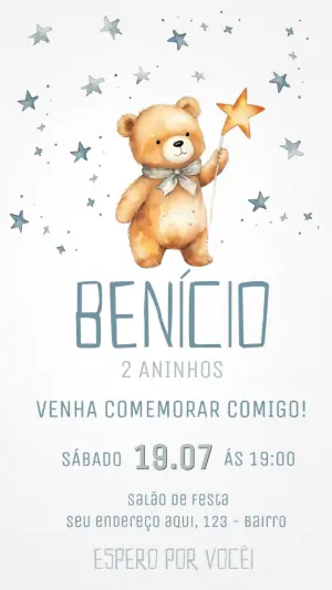 Convite de Aniversário Ursinho com Estrelas para Editar