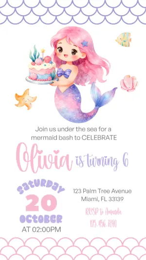 Cute Mermaid Birthday Invitation | Editable Watercolor Template
