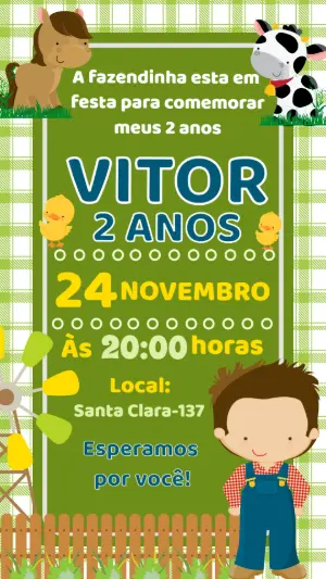 Convite de Aniversário Fazendinha Menino Modelo Editável