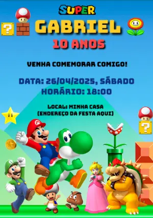 Convite de Aniversário Super Mario Bros para Editar Online