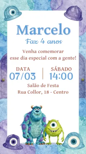Convite de Aniversário Monstros S.A. em Aquarela para Editar