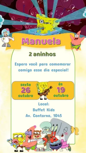 Convite Animado Aniversário Bob Esponja para Editar Online
