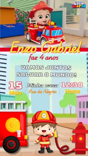 Convite Animado Aniversário Bombeiro para Editar Online