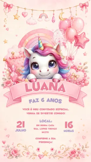 Convite de Aniversário Unicórnio Mágico Editável