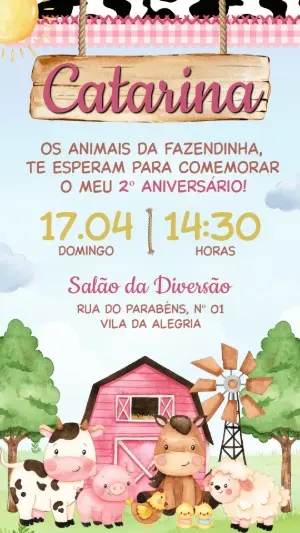 Convite de Aniversário Fazendinha Rosa para Menina Editável