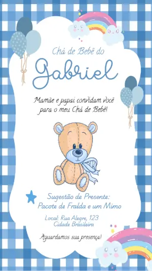 Convite Chá de Bebê Ursinho Xadrez Azul para Editar Online