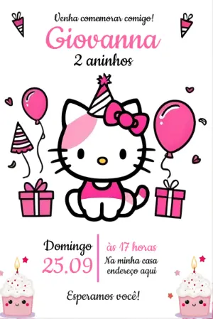 Convite de Aniversário Hello Kitty Rosa para Editar