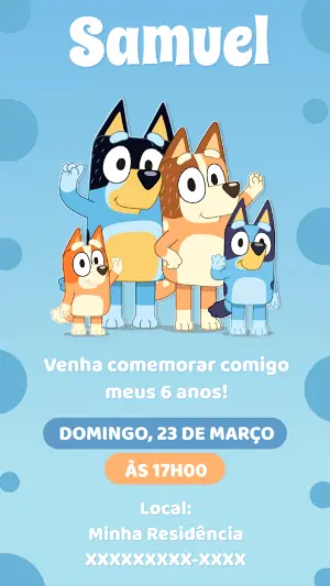 Convite de Aniversário Bluey e sua Família para Editar Online