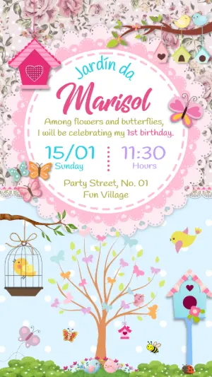 Editable Garden Birdhouse 1st Birthday Invitation