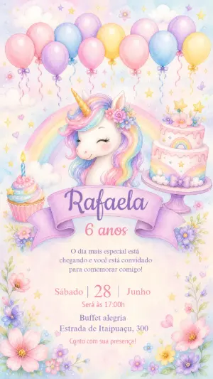 Convite de Aniversário Unicórnio Aquarela Editável
