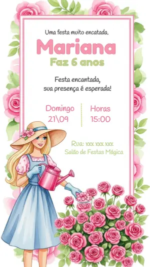 Convite Aniversário Barbie Jardineira para Editar Online