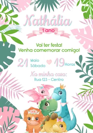 Convite Aniversário Dinossauro Baby Menina para Editar Online