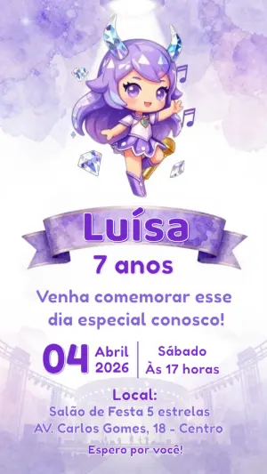Convite de Aniversário Pop Star Roxo e Lilás para Editar