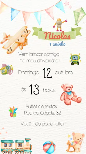 Convite de Aniversário Brinquedos Aquarela para Editar Online