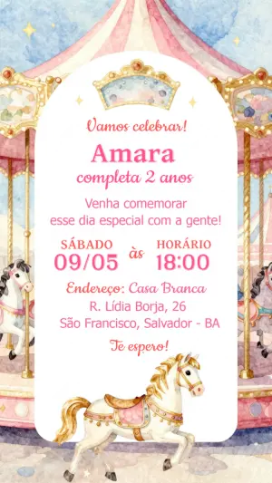 Convite de Aniversário Carrossel Encantado Aquarela para Editar